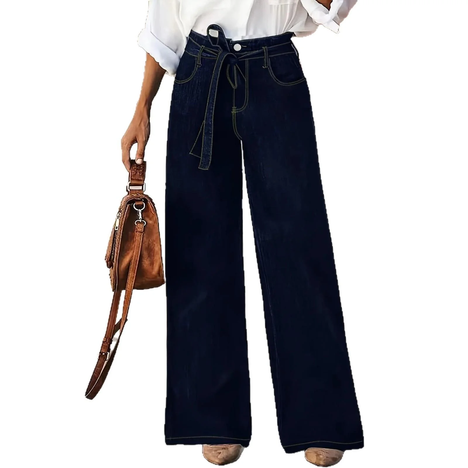 Women's High-Waist Loose Wide Leg Jeans - Smooth Denim Floor-Length Trousers with Matching Tie Strap, Adjustable, Soft, Woven, B