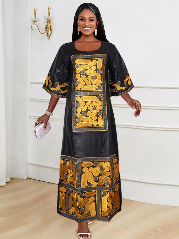 African Women Plus Size 3XL 4XL Dress Traditional Bazin Dresses Elegant Wedding Party Evening Gown Maxi Robe Nigerian Turban