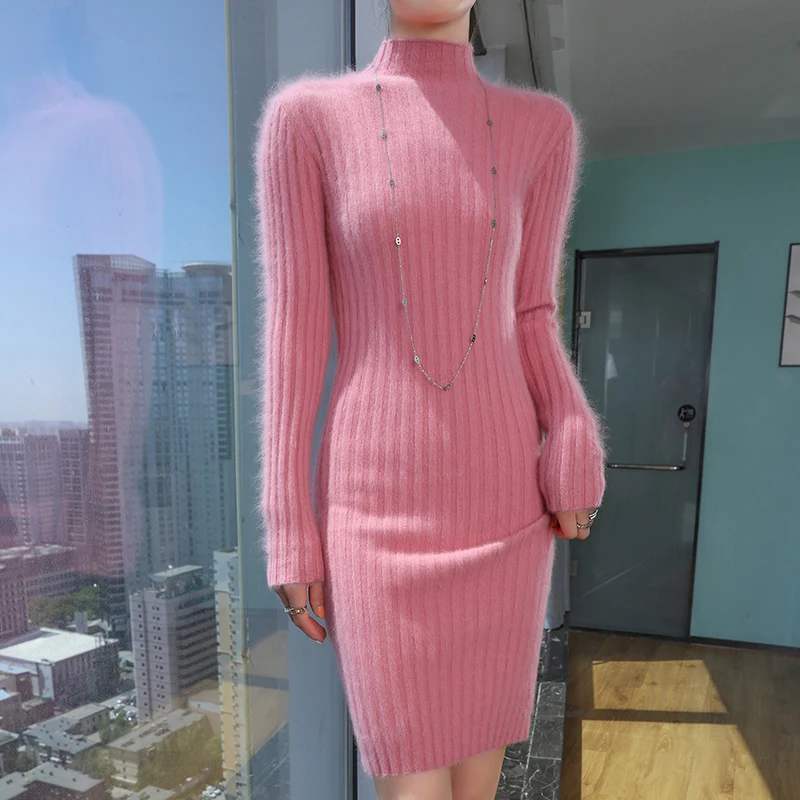 Hot selling 100% mink cashmere women\'s semi high neck dress sweater slim fit long sleeved knitted women\'s long style pullove
