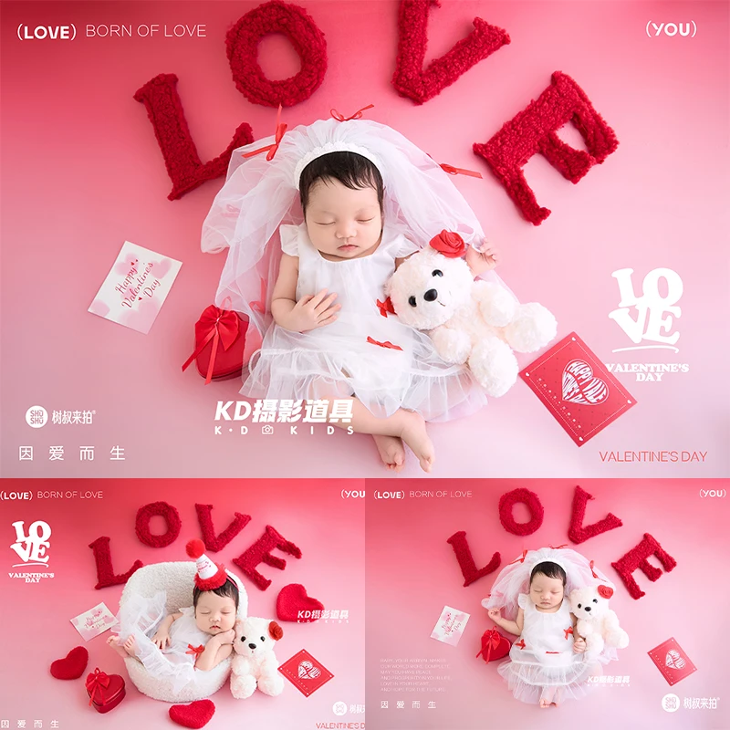 

2026 Hot Newborn Photography Props with LOVE Letters &Teddy Bear Baby Dreamy Lace Dress with Head Veil, Photoshoot Outfit