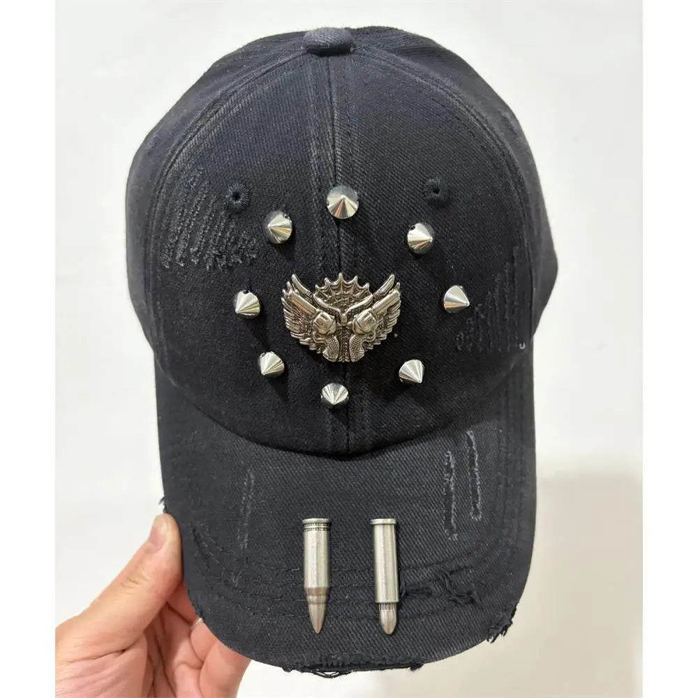 American street fashion personalized metal bullet head decorative denim washed hole baseball cap
