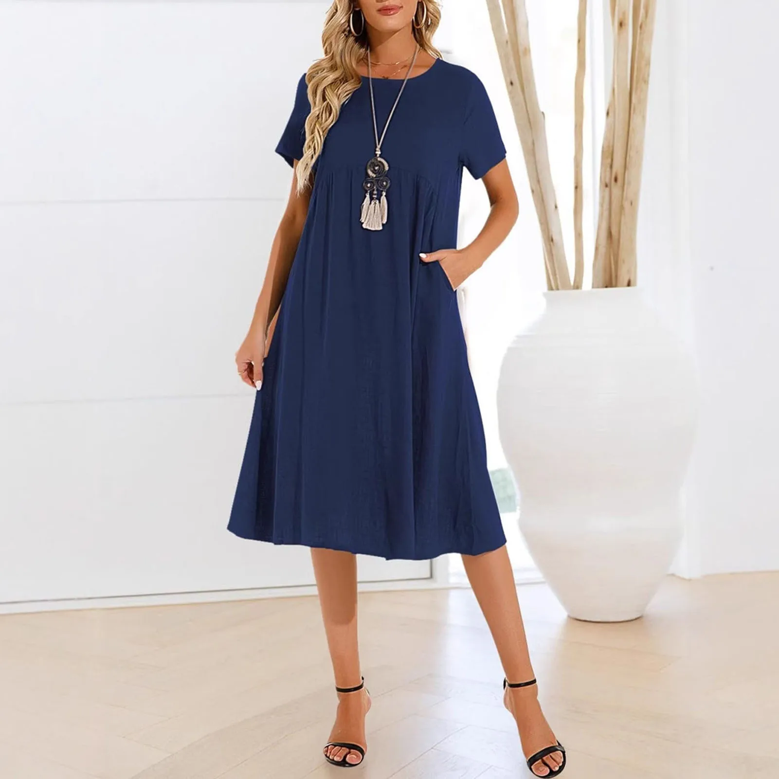 2025 봄 여성 코튼 린넨 맥시 드레스 여름 캐주얼 반팔 O넥 선드레스 여성 빈티지 포켓 루즈 롱 로브