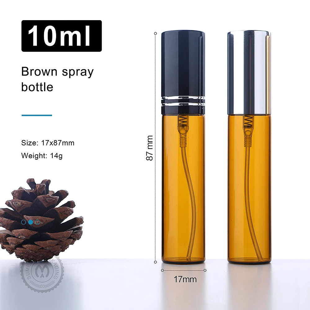 10ml Amber Glass Spray Bottle Portable Refillable Perfume Atomizer Travel Cosmetic Container Custom Logo 20/50/100pcs