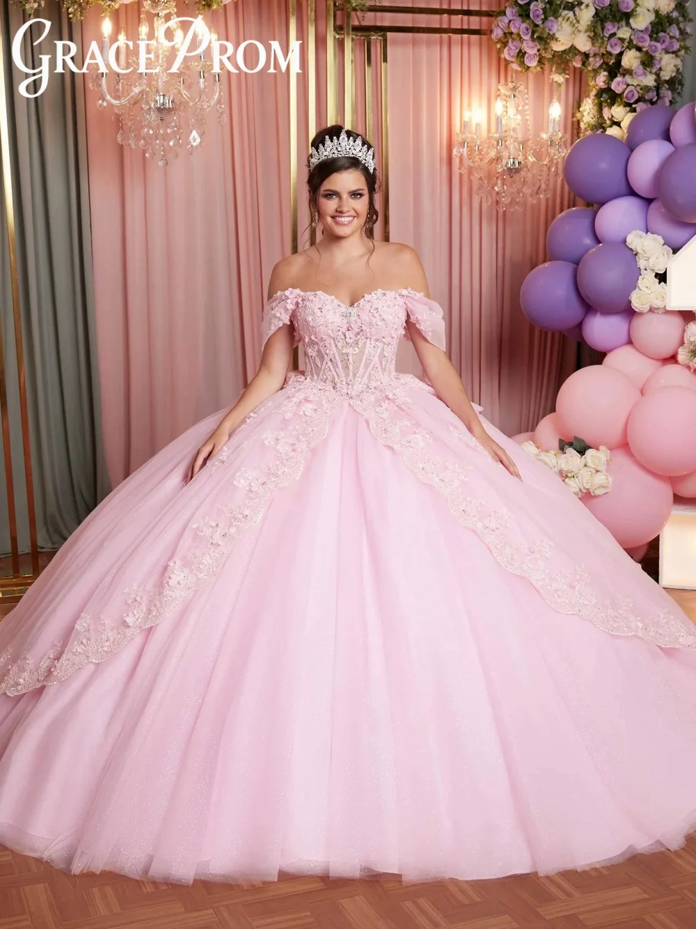 

Fashion Pink Sweetheart Ball Gown Solemn 3D Applique Beaded Sheer Quinceanera Dress Exquisite Sheer Dress Vestidos De 15 Años