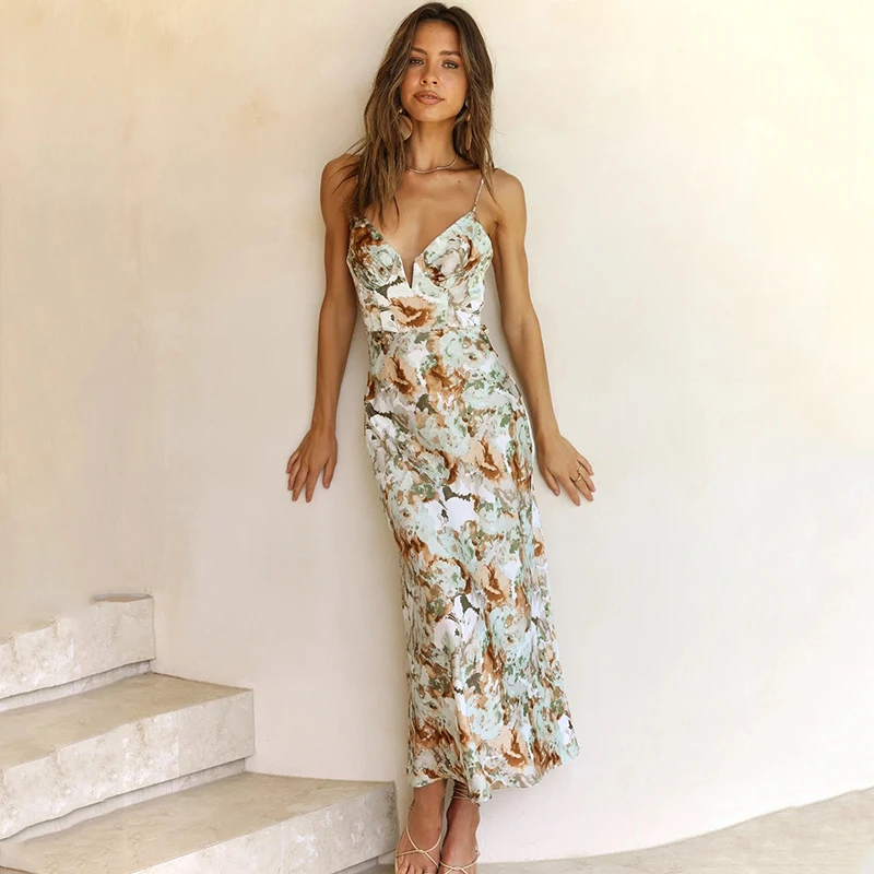 

Ardm Elegant V Neck Floral Print A-Line Boho Summer Dresses For Women 2022 Vintage Blackless Beach Spaghetti Midi Dress Vestidos