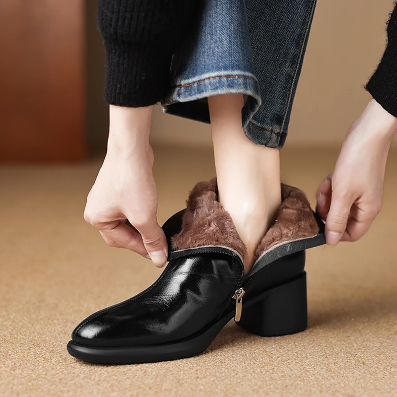 2026 new autumn winter women ankle boots natural leather plus size 22-25cm split leather+wool thick heel side zip short boots