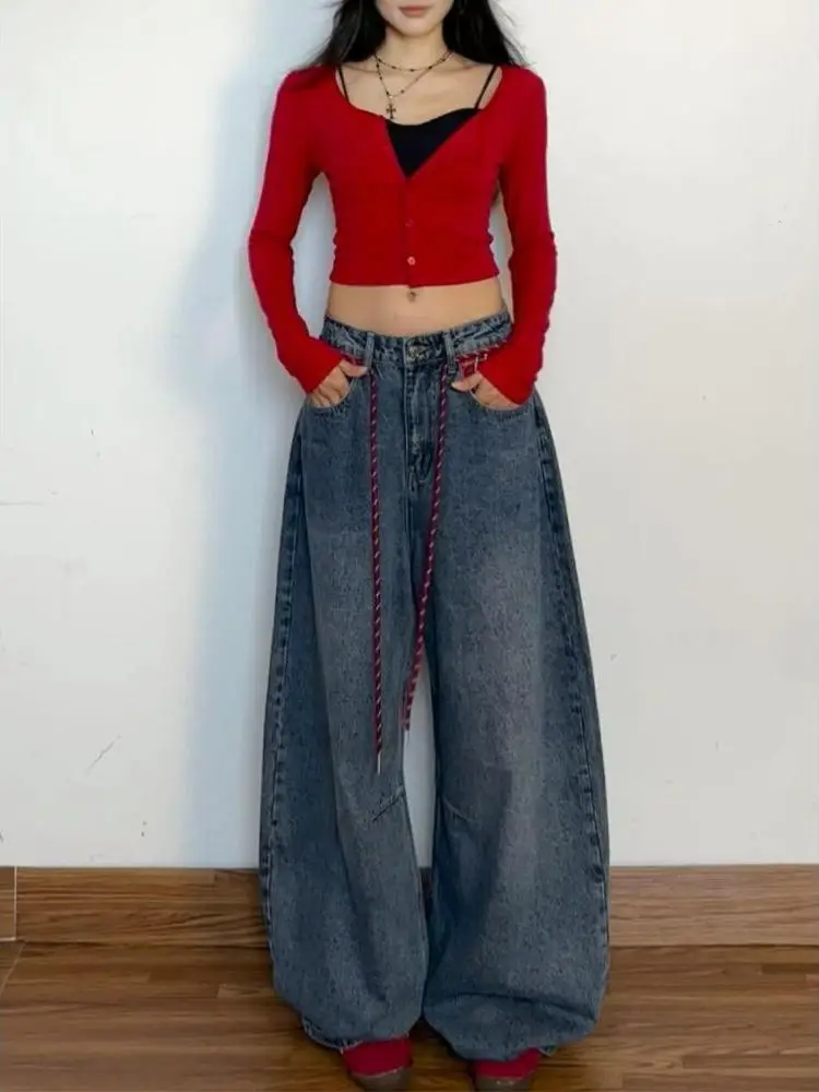 

Женские джинсы прямого кроя с высокой талией, джинсовые брюки в пол с завязками, пэчворк, осень-зима, американский стиль