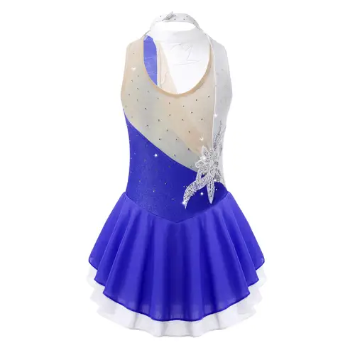 Imagen 2 del producto Vestido de patinaje sobre hielo con lentejuelas florales para niñas, leotardo de gimnasia con diamantes de imitación, traje de actuación de baile de Ballet de salón