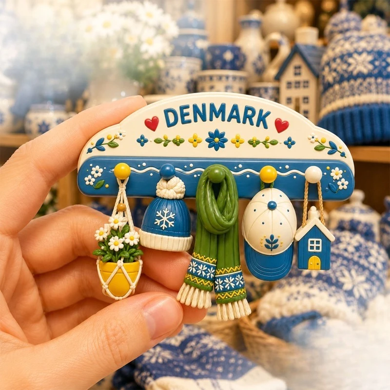 Denmark Winter Floral Hook Fridge Magnet - Cozy 3D Nordic Souvenir Unique Scandinavian Gift for Travel & Holiday Decor
