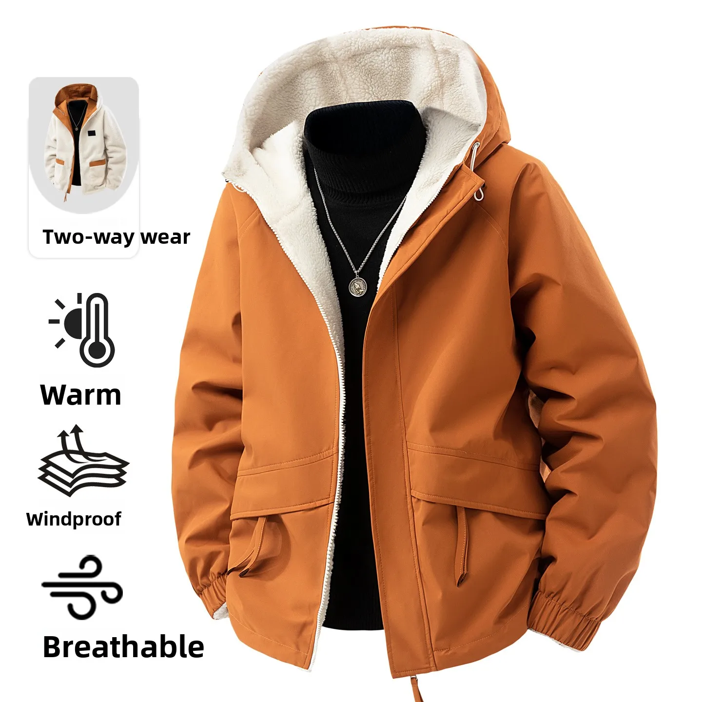 

Куртка с капюшоном из хлопка и овечьего вельвета, двусторонняя, для улицы, свободного кроя, стандартной длины, из полиэфирного волокна