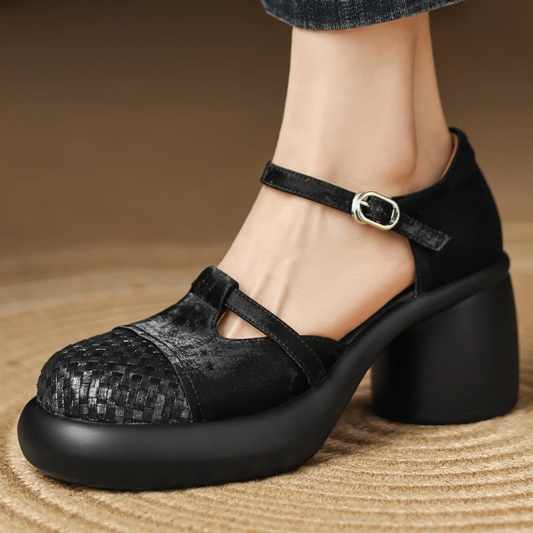 

Danxuefei женские туфли-лодочки из натуральной кожи на массивном каблуке 7 см и платформе с ремешком на щиколотке, повседневные женские мягкие удобные сандалии, женская обувь