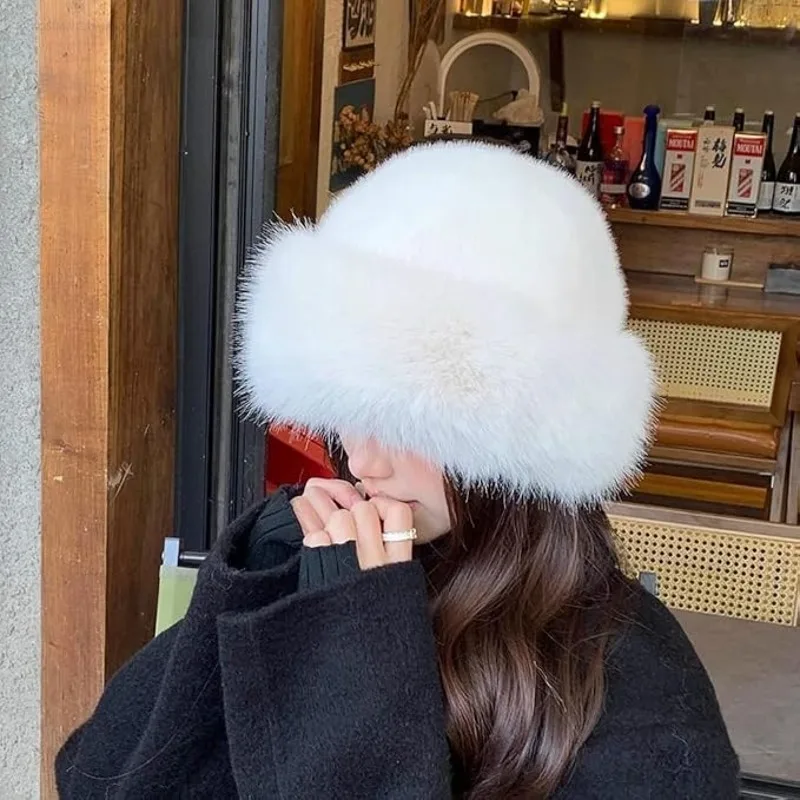 Women's Winter Hat Warm Bucket Hat Fluffy Fur Plush Fisherman Hat Thicken Cold Snowy Day Panama Cap Casual Outdoor Female Hats