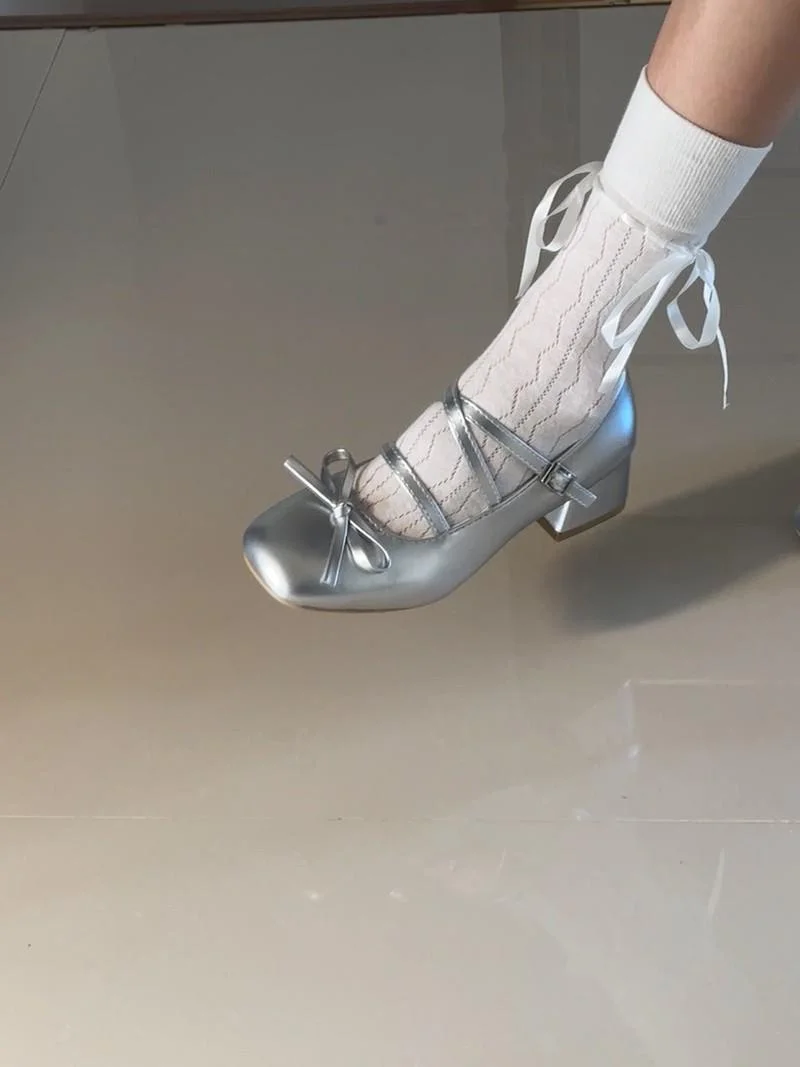 シルバーボウノットメリージェーンシューズ-レディース-2026年春新作-バレエシューズ-フラットシューズ-シングルシューズ-おしゃれ-滑り止めラバーソール