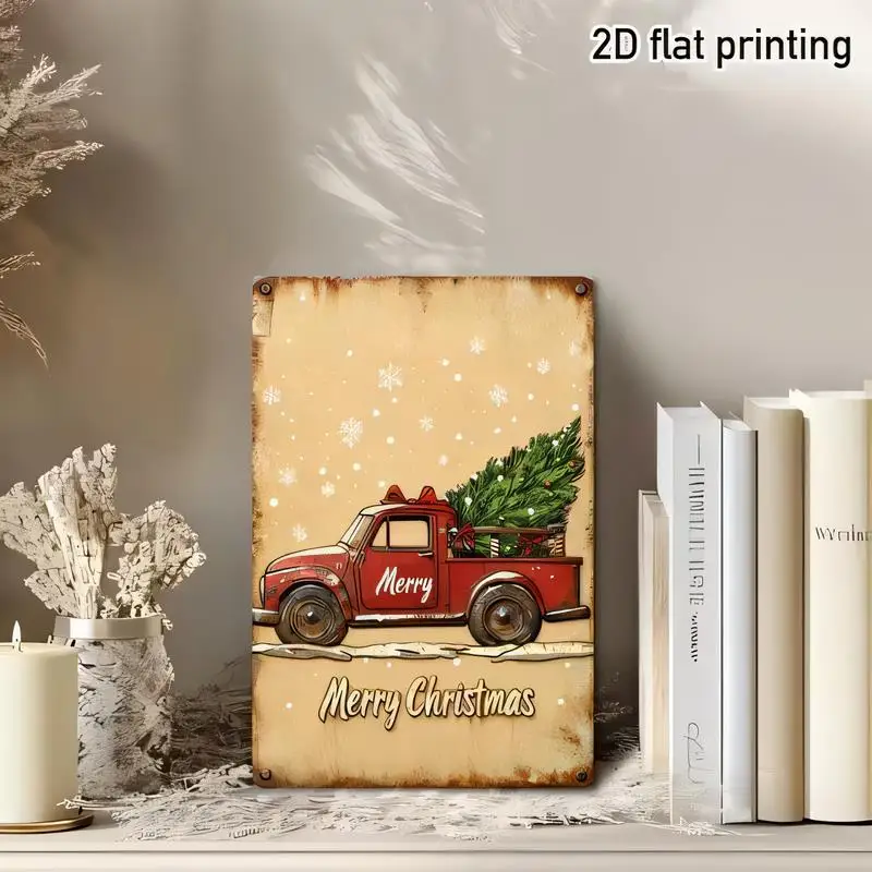 2D Flat Printed Vintage Metal Tin Sign - Red Truck & Xmas Tree, Retro Merry Christmas Decor, Beige/Red Iron Wall Art for Home, F