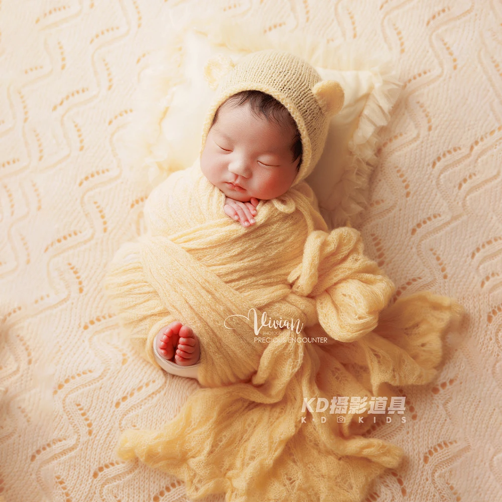 Professional Newborn Photography Swaddle Wrap Props Baby Wrapping Knit Bear Ear Hat Lace Pillow Studio Yellow Theme Photo Props