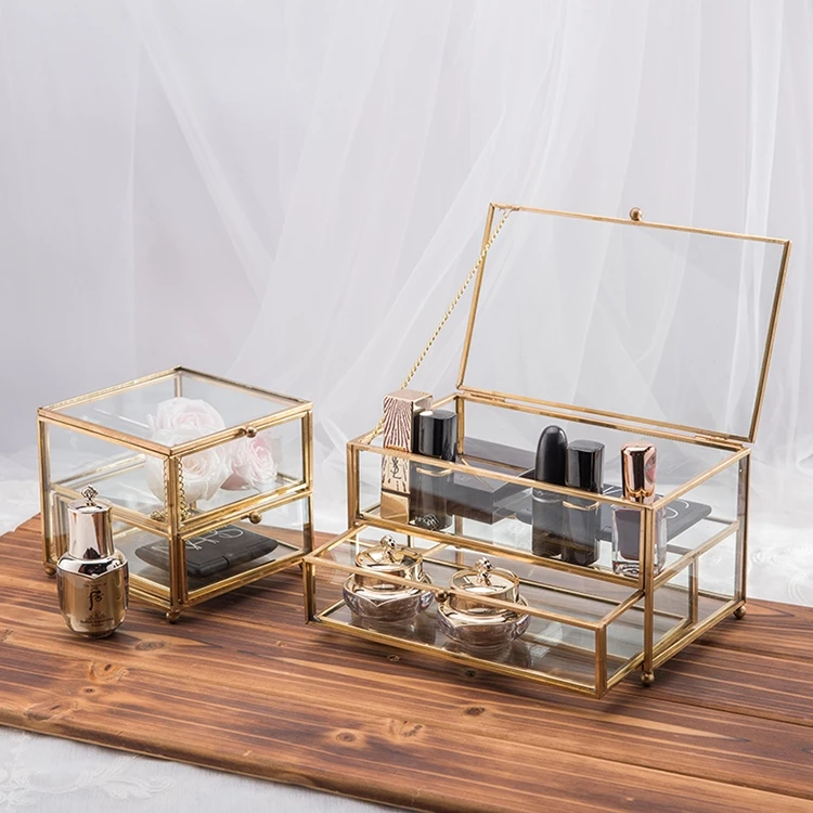 European Style Double Layer Glass Cosmetic Storage Box Drawer Type Jewelry Display Box Dustproof Skin Care Product Organizer