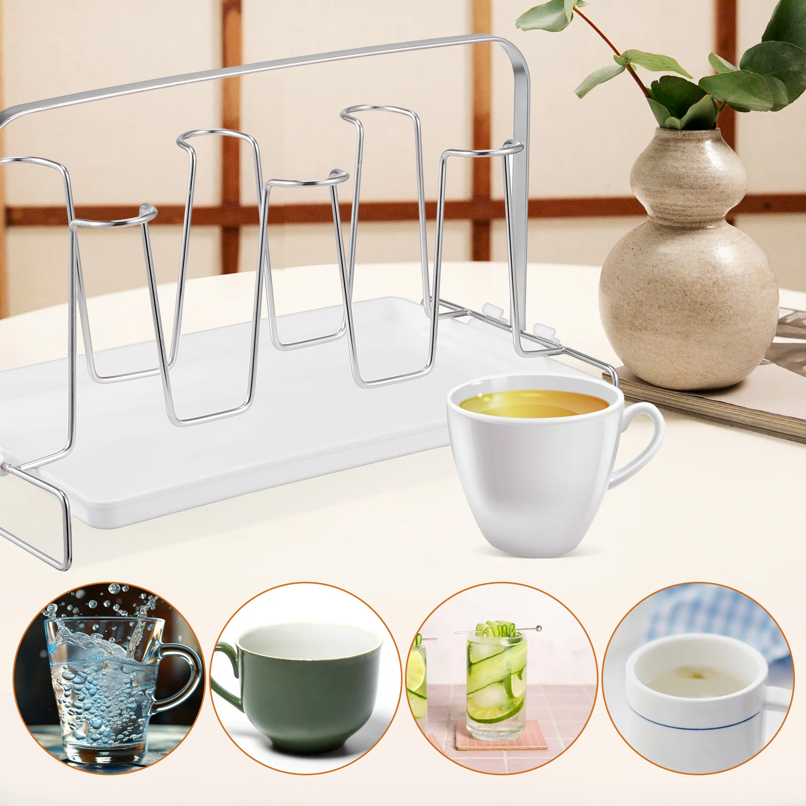 

6 Cup Holder Wrought Iron Kitchen Stainless Steel Drying Rack Counter Top Mug Drainer Coffee Bar Organizer Tea Glass Storage