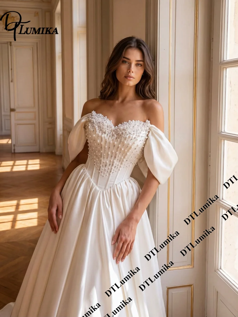 Luxury Peals Corset Bride Dress Off Shoulder Sleeves, Long Satin Wedding Dresses Customized Size Color Bridal Gown Long Train