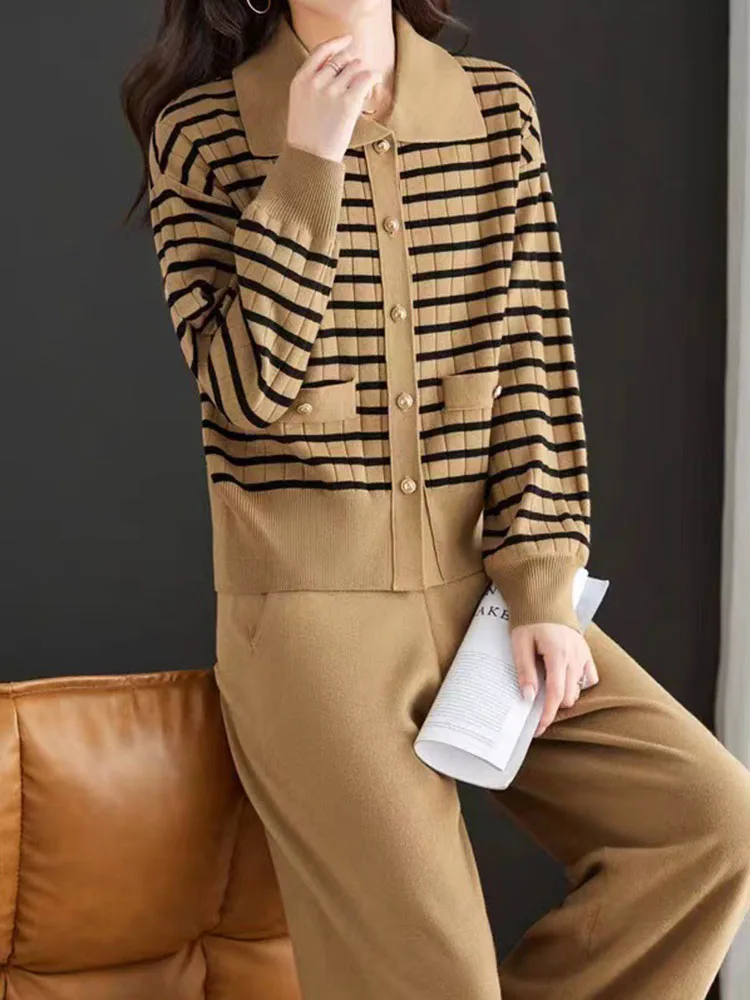 Women Elegant Knitted 2 Piece Sets Casual Striped Long Sleeve Knit Cardigan Tops Conjuntos Korean High Waist Sweatpants Outfit