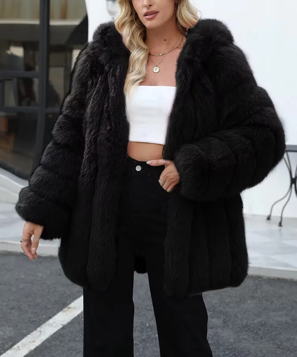 Faux Fox Fur Coat Women Solid Fur Jacket Long Sleeve Turn Down Collar Open Stitch Thick Warm Fur Loose Casual 2026 Autumn Winter