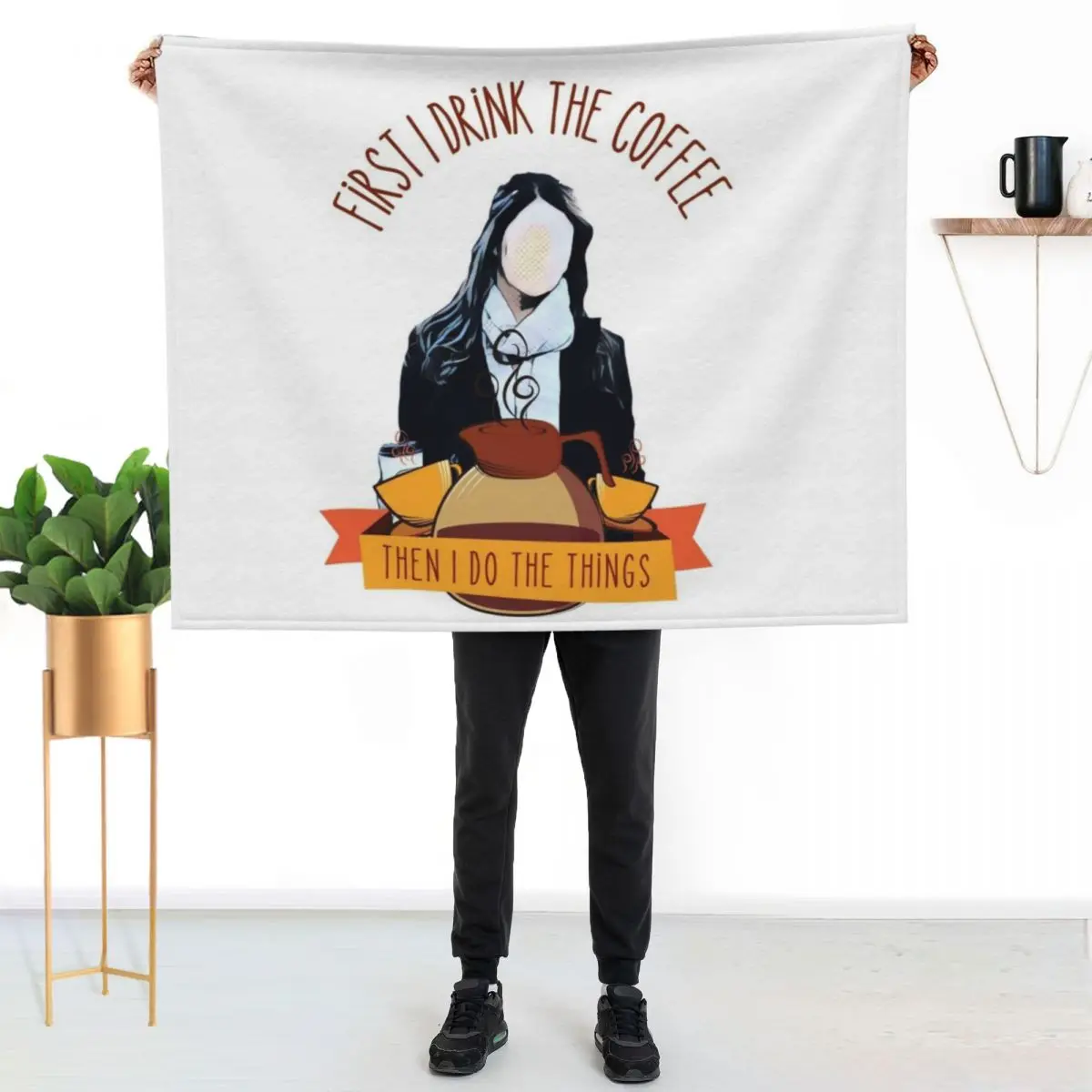 First I Drink the Coffee - Then I Do the Things - Coffee Jar and Girl - White Gilmore Throw Blanket Sofa Blankets