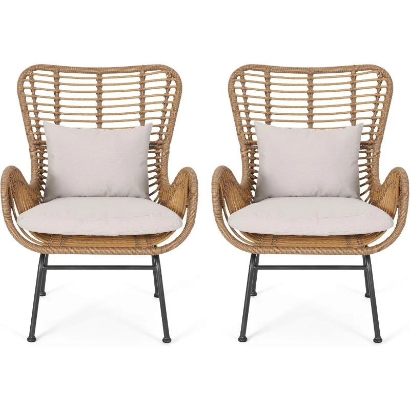 Furniture Outdoor Wicker Club Chairs with Cushions (Set of 2), Light Brown and Beige