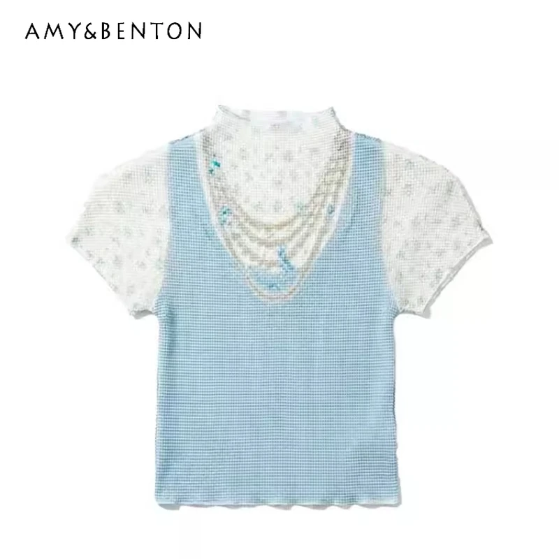 

2026 New Blue Necklace Print Half High Collar Women's T-shirt Japanese Y2K Colorful Pleated Tight Fitting Fake 2-piece Top Girl