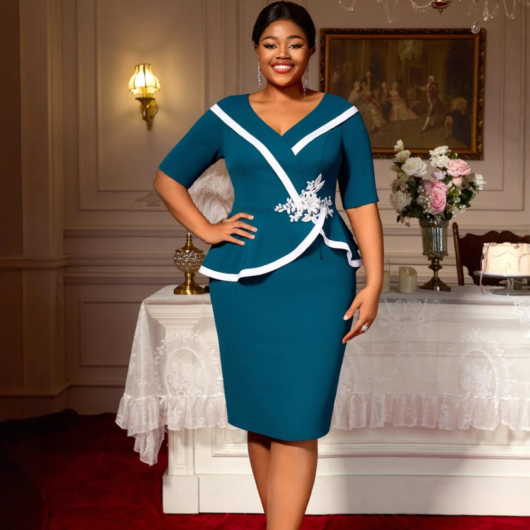 

Plus-size Women's Peacock Blue Contrast Color Dress, V-neck, Ruffled Waist, Slimming, Bodycon, Elegant Mid-length Dress For Y2K