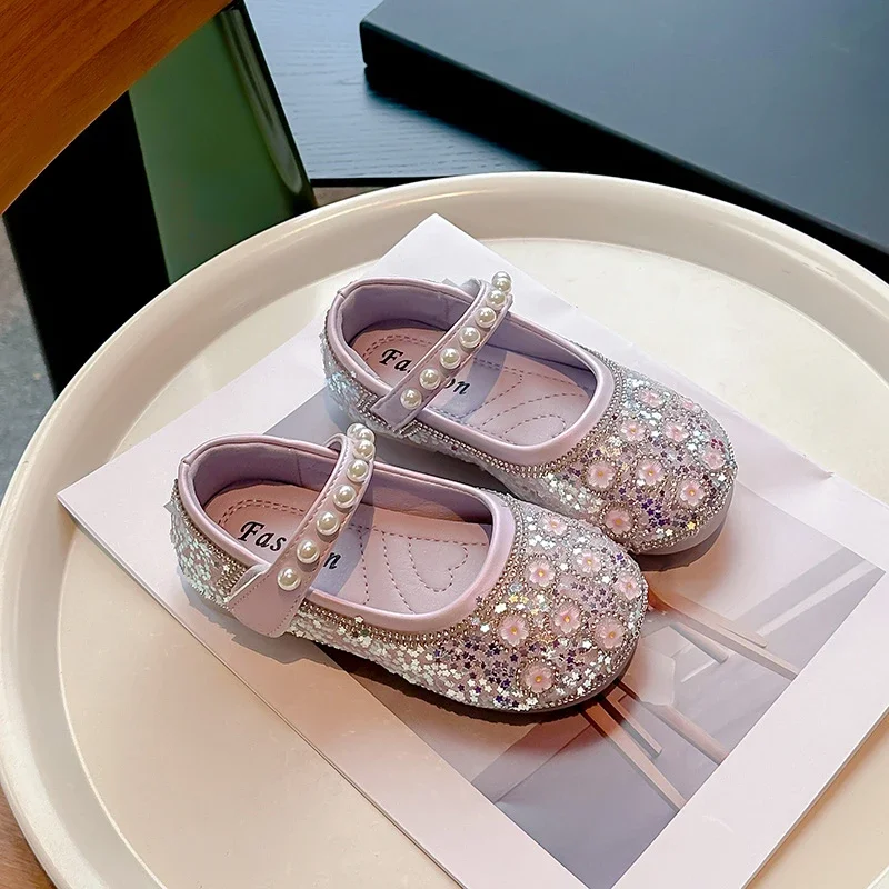 

2024 Children Leather Shoes for Girls Summer Autumn New Fashion Soft Sole Comfortable Princess Rhinestone Versatile Dress Shoes