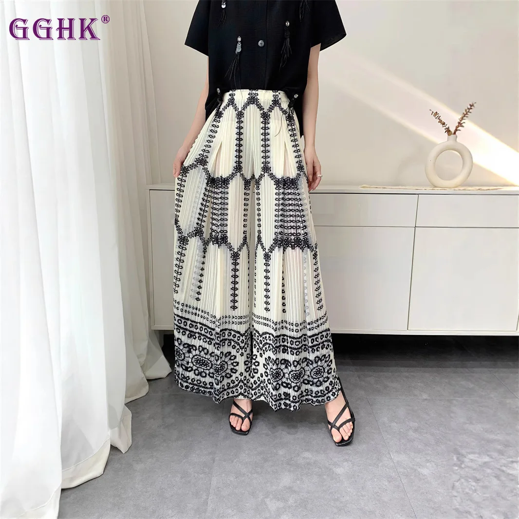 GGHK Miyake 2025 Spring Summer Pleated Pants Women Loose Large Hem Casual Ethnic Bohemian Wide-leg Pants Women Travel Clothing