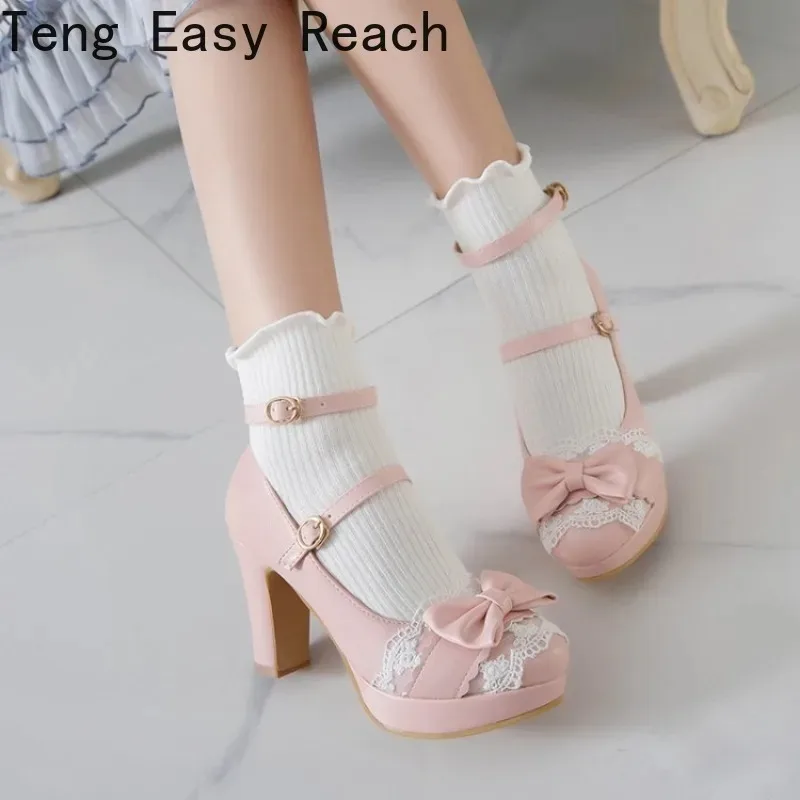 Cross Strap Women High Heels Mary Jane Pumps Party Wedding Cosplay White Pink Black Strawberry Bow Princess Lolita Shoes