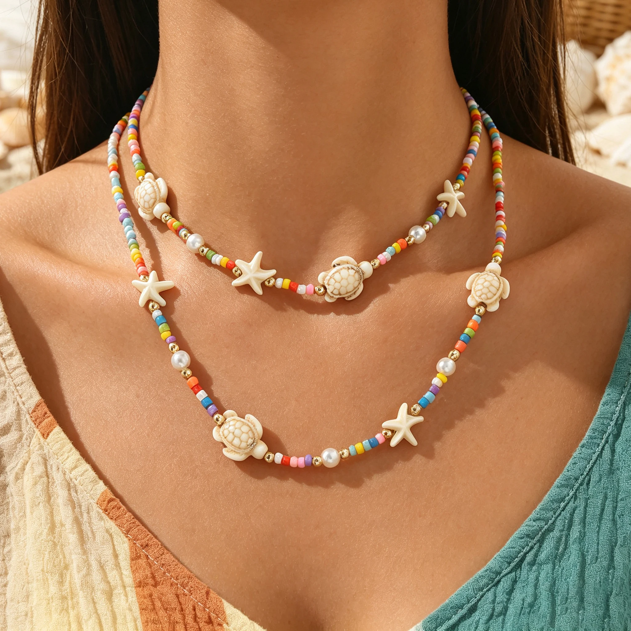 Boho 2Pcs Multicolor Beaded Layered Necklace Sea Turtle Starfish Charm Adjustable Summer Beach Women Choker Jewelry