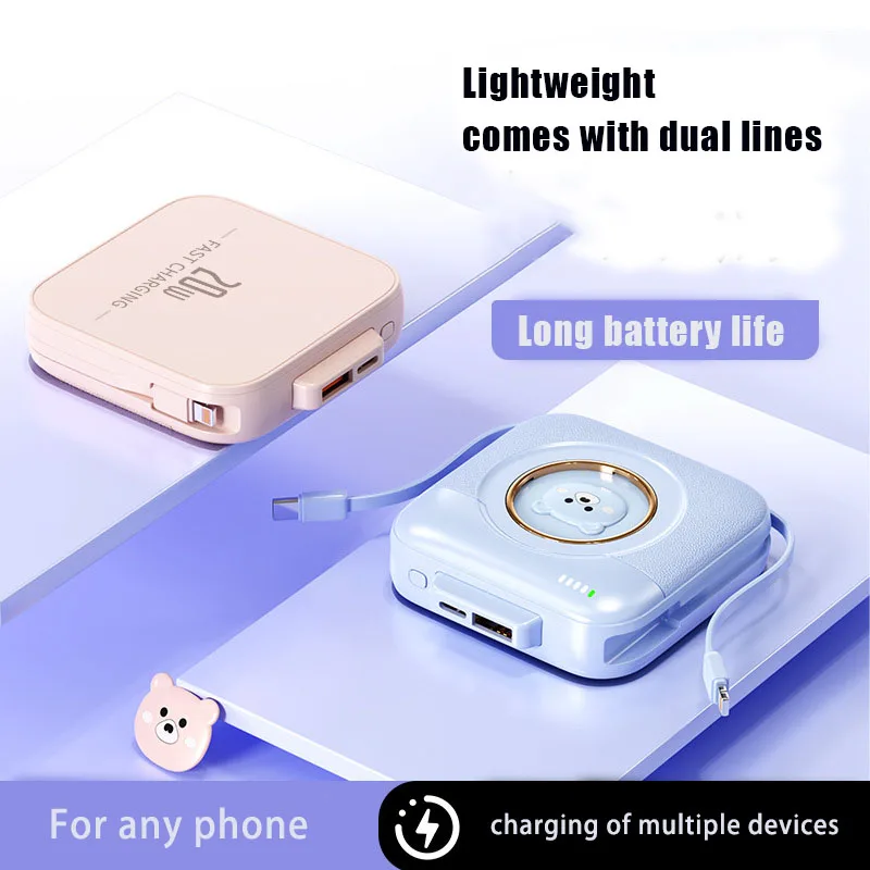 Three-way Mini Fast Charge Large Capacity 20000mAh Power Bank Sharing with Cable Mobile Power Supply for IPhone Samsung Xiaomi