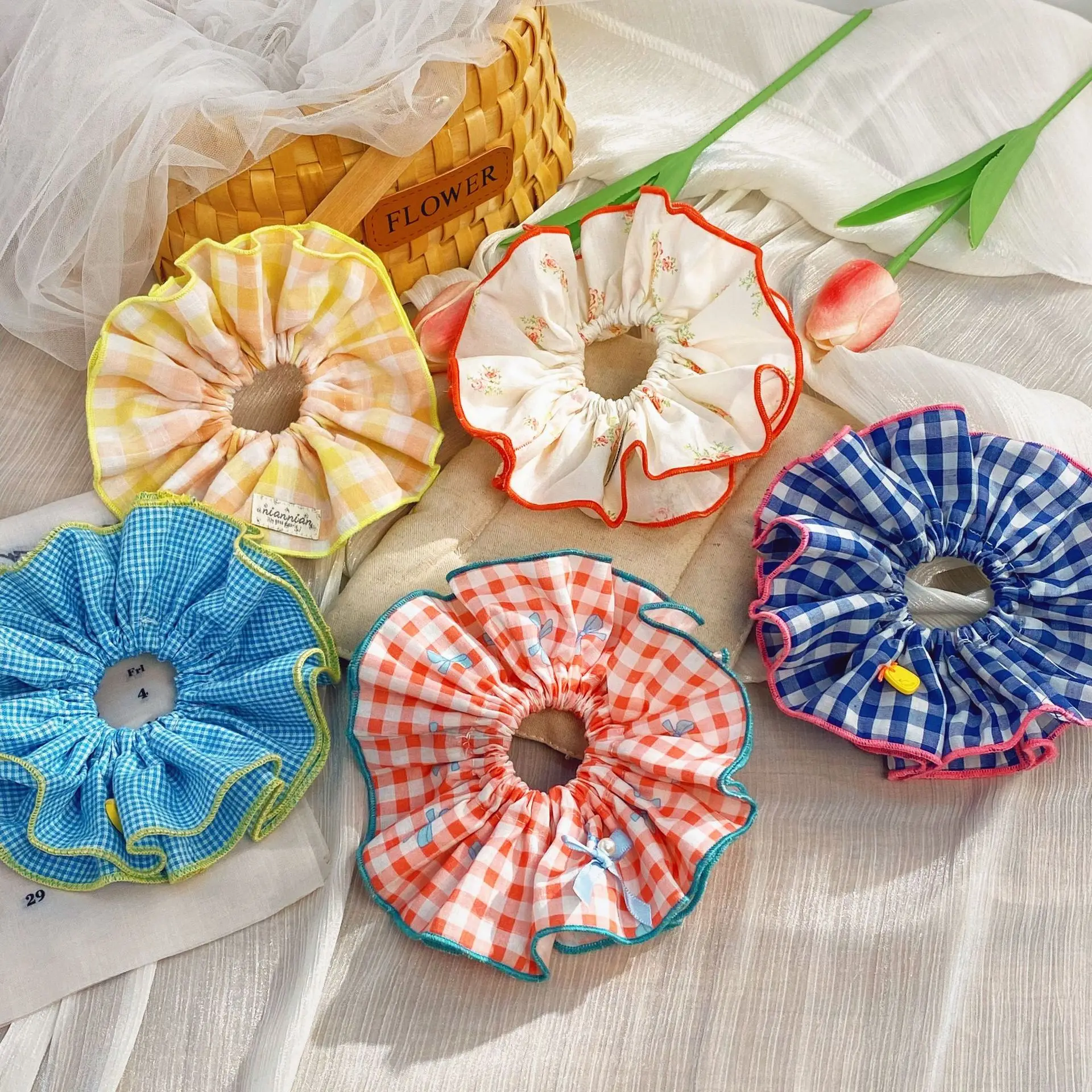 قطعة واحدة من حلقة أمعاء مزدوجة منقوشة متباينة للفتيات الجميلات، فيونكة زهور كورية، حلقة شعر على الأمعاء الغليظة، غطاء رأس بحبل شعر كرات #2