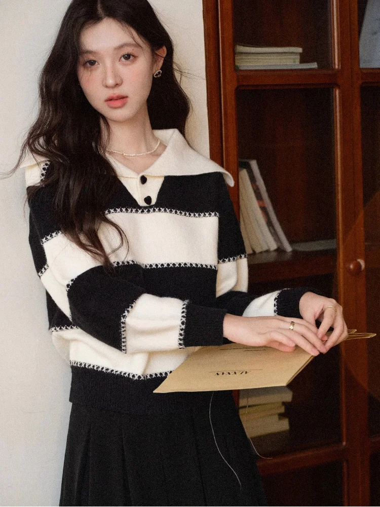 

Loose Women's Knitted Sweater Striped Turn-down Collar Casual Slimming Top Spring Autumn Winter Comfortable Breathable