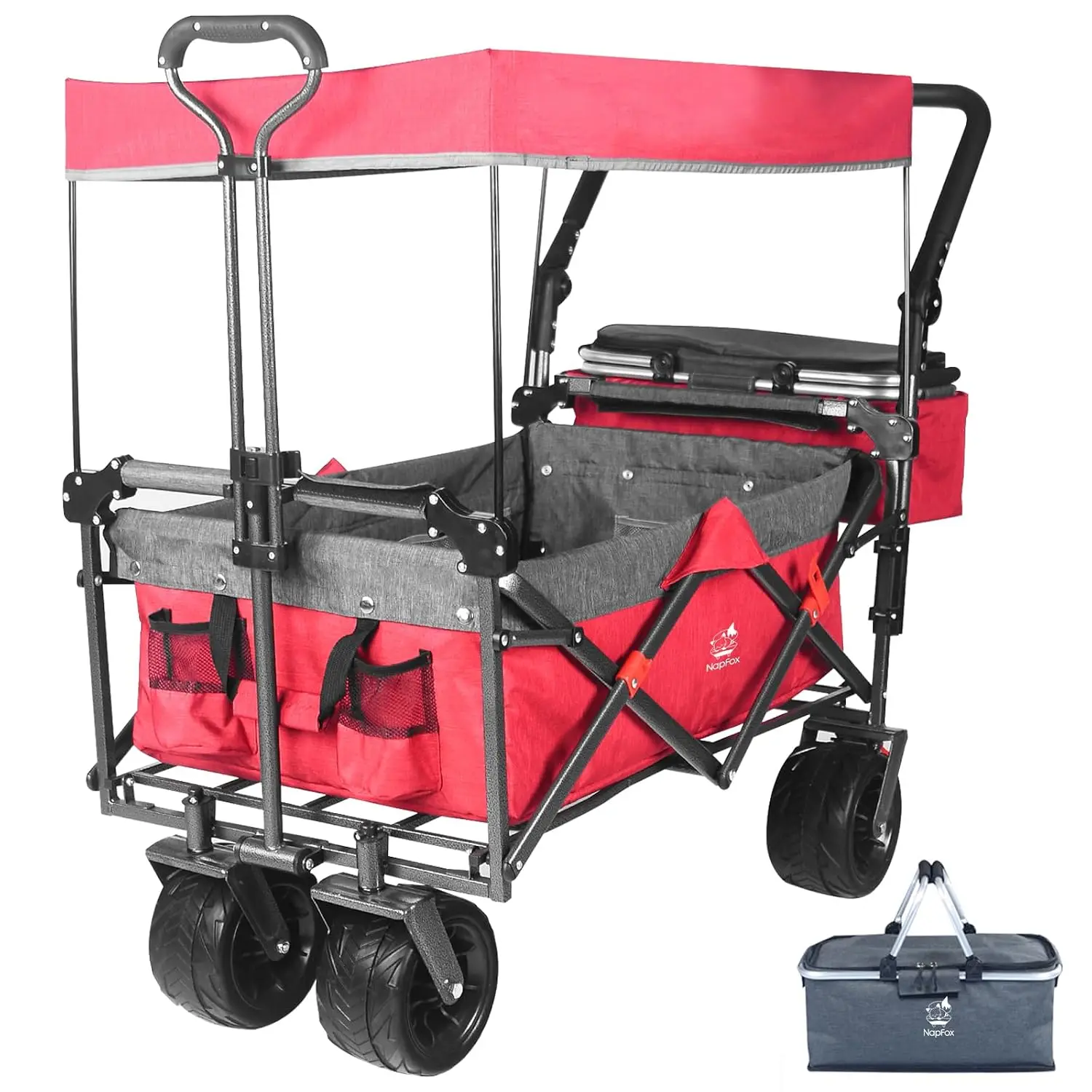 Foldable Wagon with Removable Canopy & Cooler Bag - Heavy Duty Collapsible Wagon Utility Cart with 4