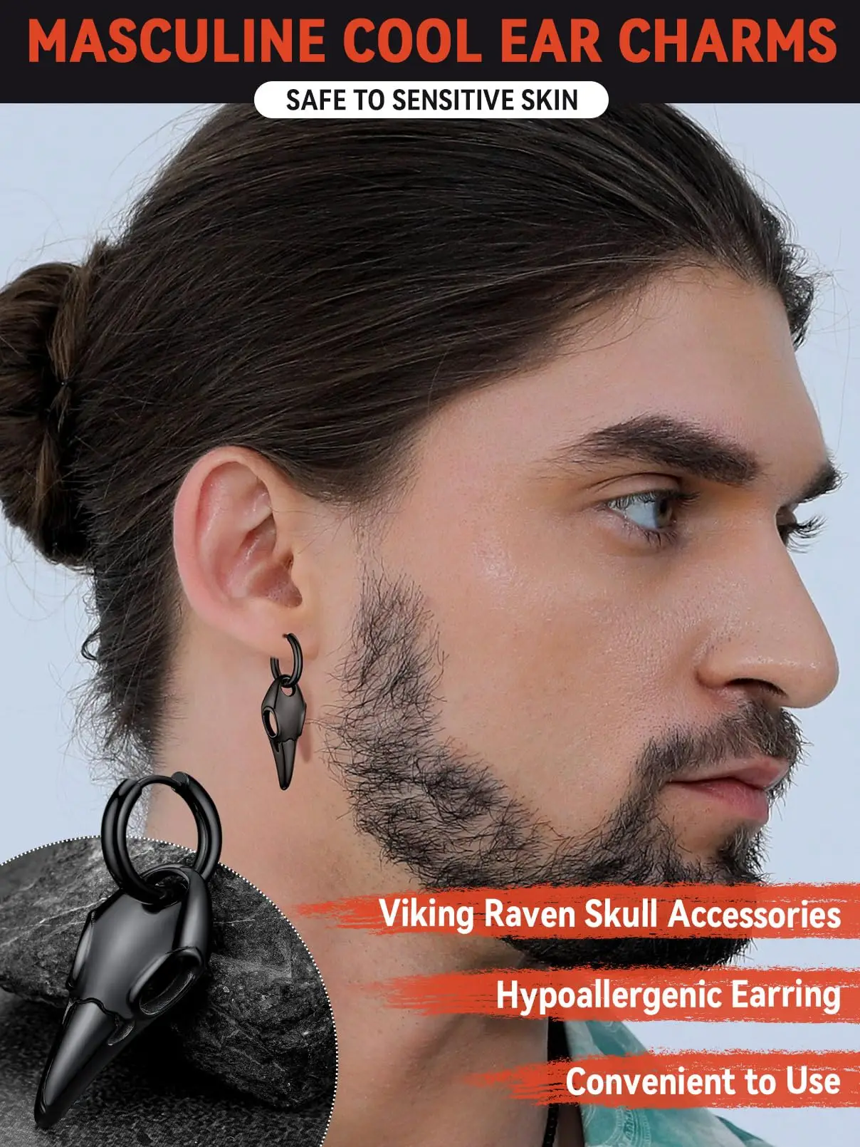 1 pair of hypoallergenic stud earrings for men, stainless steel punk Gothic Crow stud earrings.