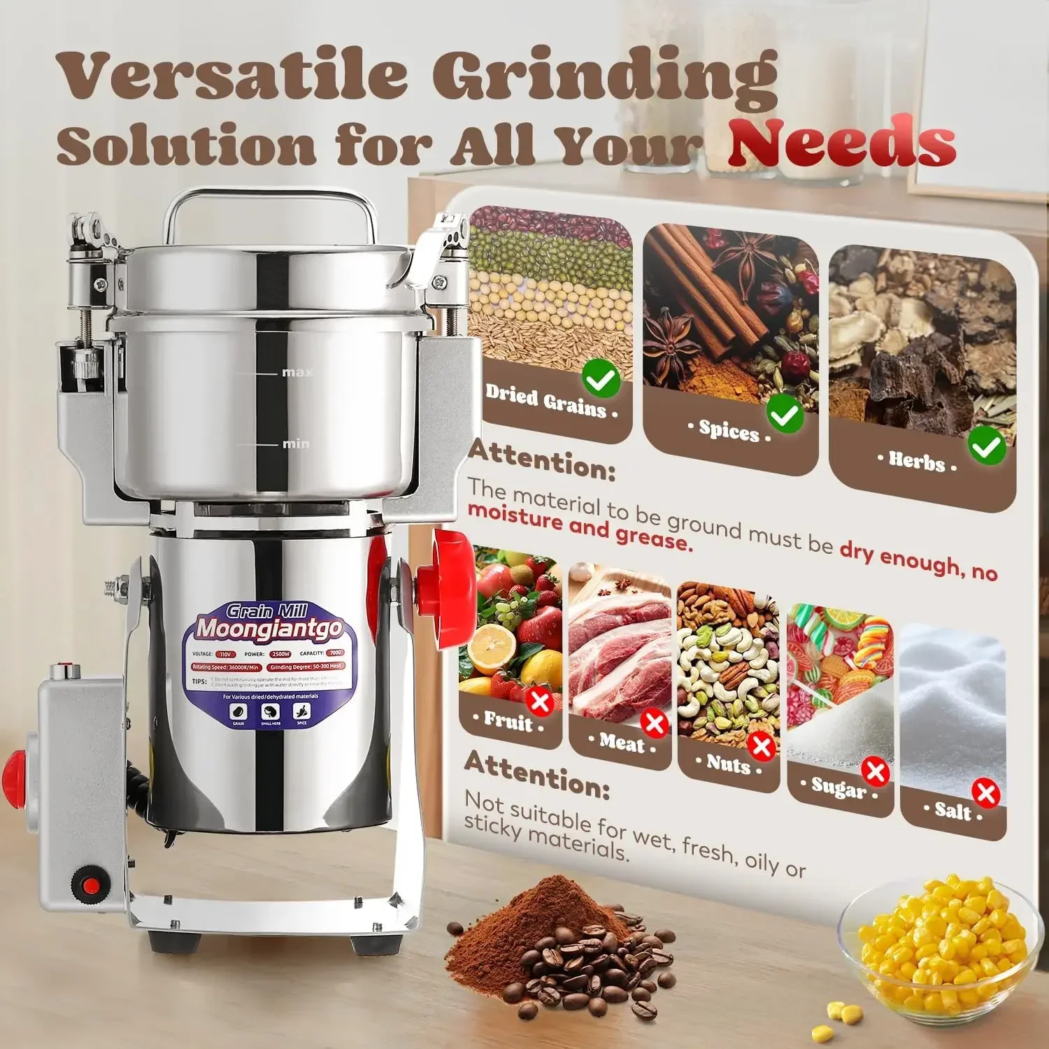 

（XMSJ-Hot）700g Grain Mill Grinder Commercial Spice Grinder 2500W Stainless Steel Electric Pulverizer Dry Grinding Machine for Wh