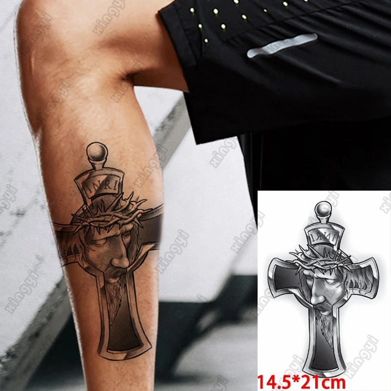 Waterproof Temporary Tatto Sticker Religious Jesus Cross Flash Tattoo Women Skeleton Long Hair Girl Body Art Arm Fake Tatoo Men