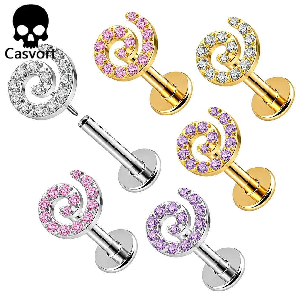 Casvort ASTM F136 Titanium Sparkly CZ Swirl Vortex Labret Flat Back Stud 20G-16G Threadless Conch Tragus Medusa Piercing Jewelry