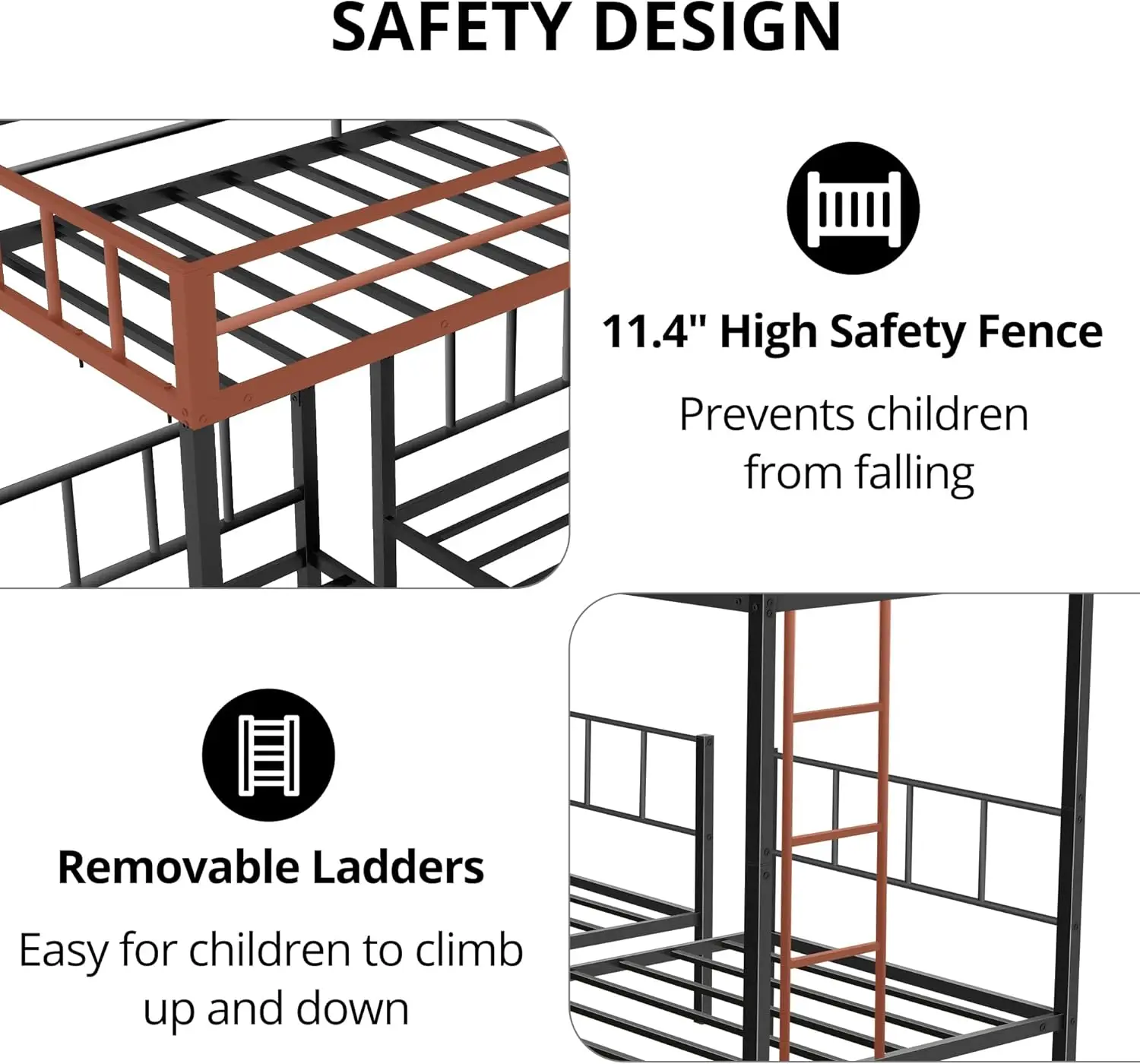 Triple Bunk Bed, Metal Twin Over Twin & Twin Bunk Beds for 3 with Guardrails, Ladder & Upper-Bed Platform, Detachable image 4