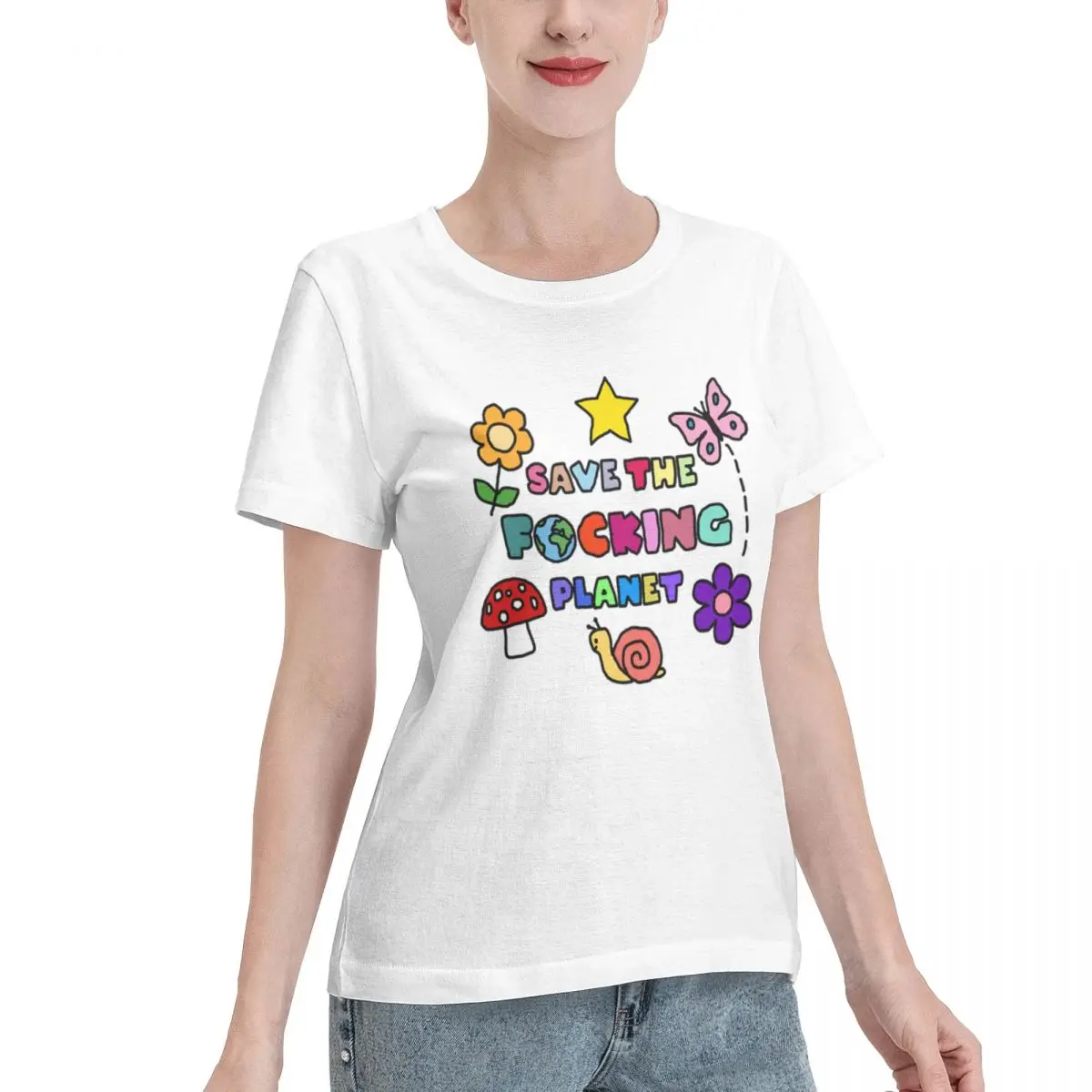 Free Matching Save The Planet Cute Design Women's T-shirt French Chic Women Daily Outfit Top