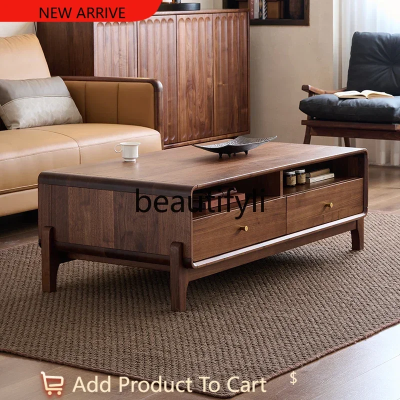 

Black walnut coffee table household rectangular all solid wood low table with drawers G1218