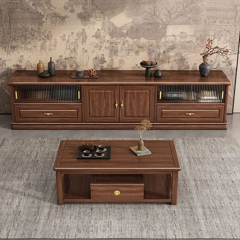Retro Solid Wood Walnut Coffee Table Chinese Cabinet Floor Ceiling Storage