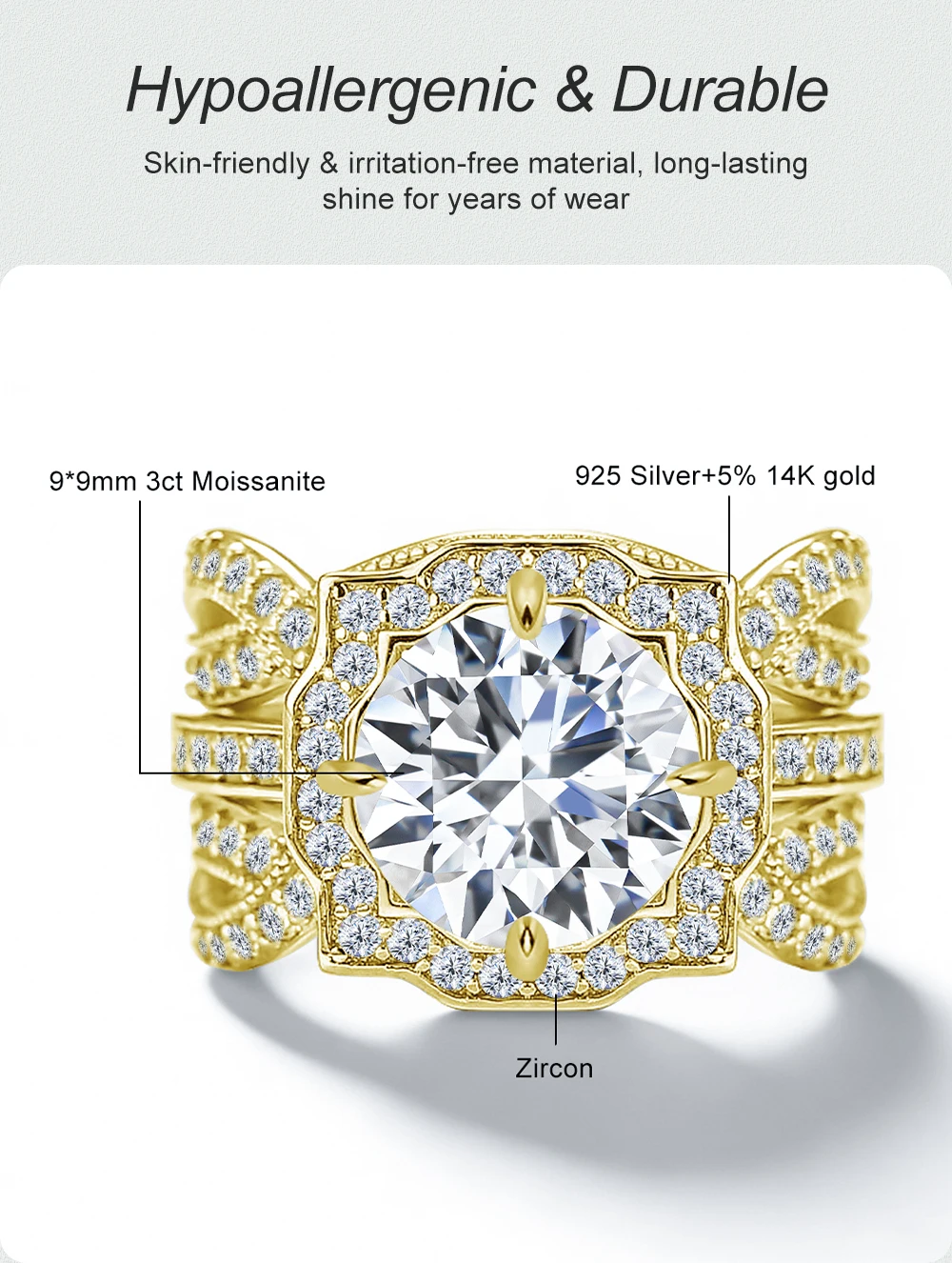 Luxury 2 Piece Bridal Ring Set 14k Gold Filled 3ct Moissanite Engagement Stackable Rings Promise Anniversary Jewelry for Women