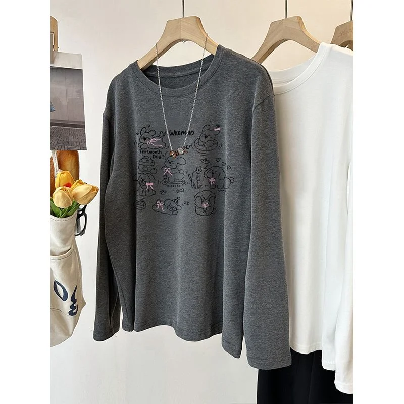 

Retro Cartoon Print Long Sleeve T-Shirt Women's New Spliced Pullover Loose Round Neck Top