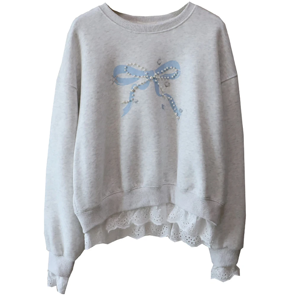 Sweat-shirt coréen en dentelle pour femmes, Patchwork de perles, imprimé avec nœud, col rond, manches tombantes, ample, assorti avec tout, printemps automne