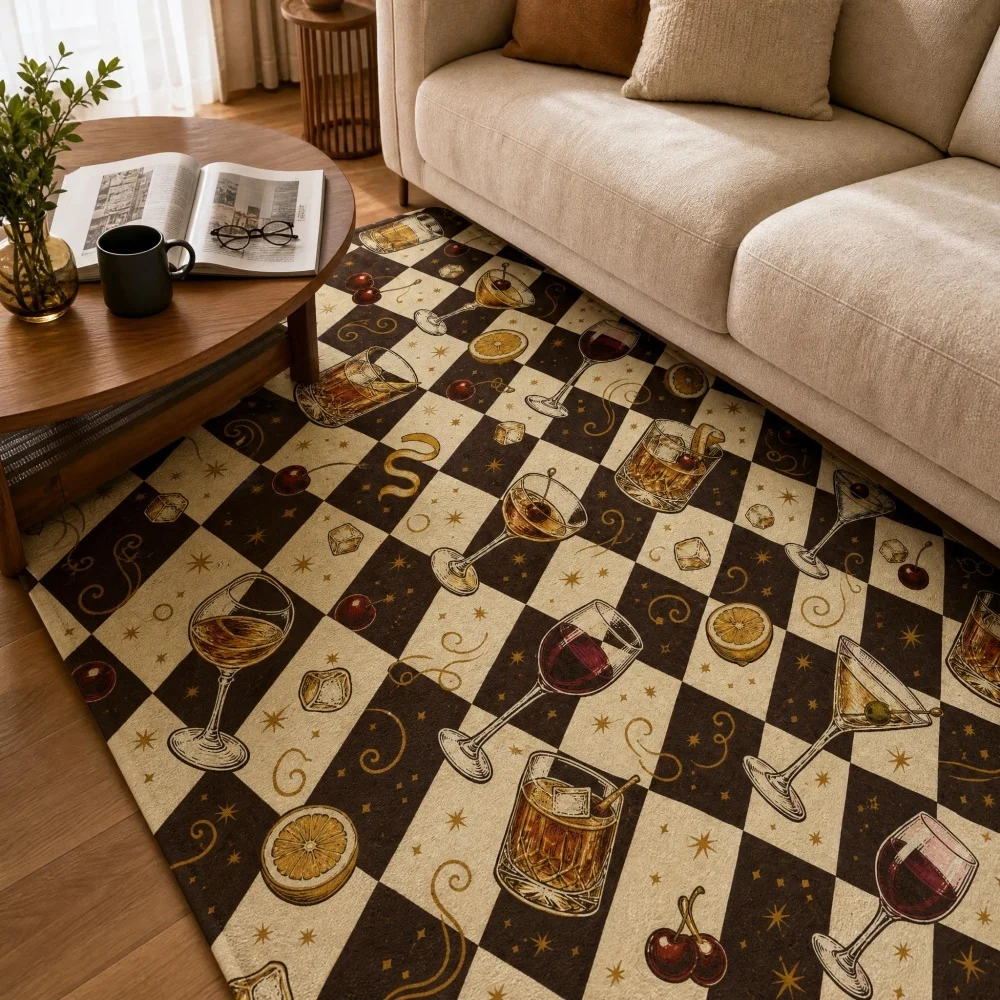 Vintage Checkered Cocktail Wine Glass Print Flannel Runner Rug, Retro Bar Style Non-Slip Floor Mat, Living Room Bar Decor Carpet