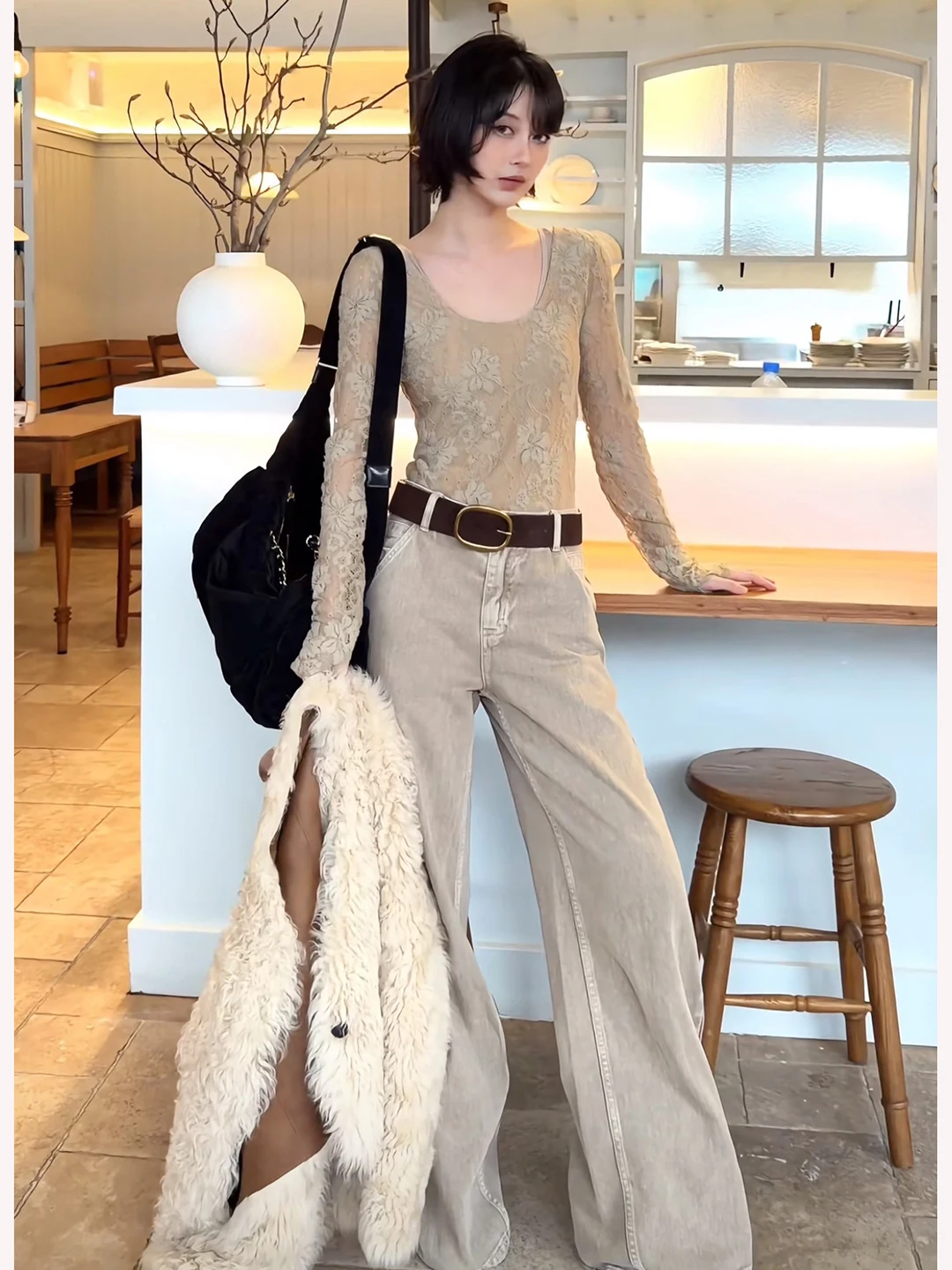 Retro Koreanische Sle Spitze Lange Sve U-Ne-Stück Herbst Winter Abnehmen Design Vielseitige Basis irt frauen Faion