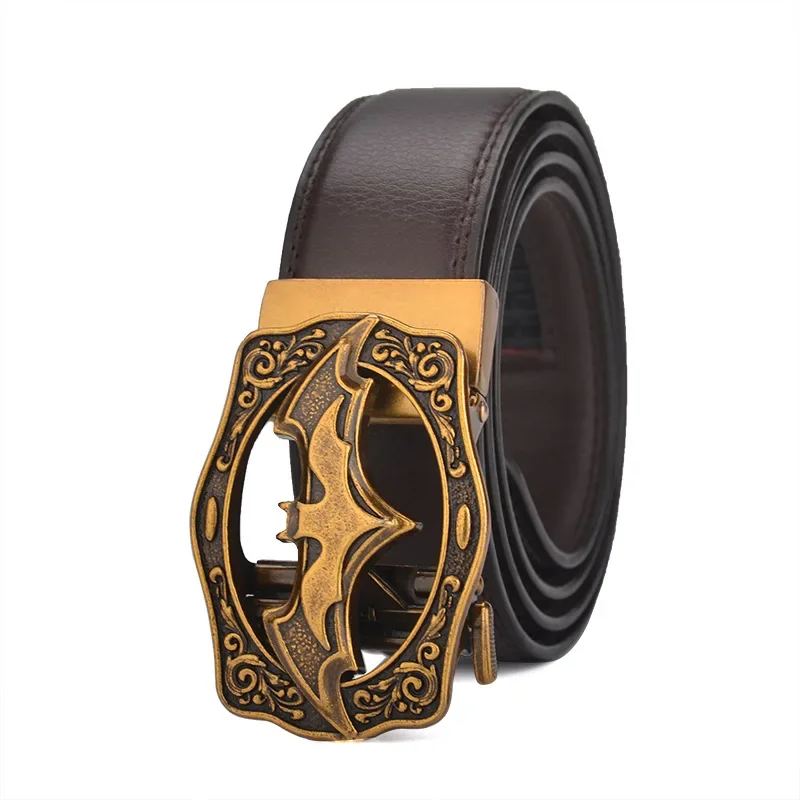 Vintage Bat Silver Gold Automatic Buckle Belt for Men Genuine Leather Plus Size Big 130 140 150 160 170cm Brown Black Belts 2024